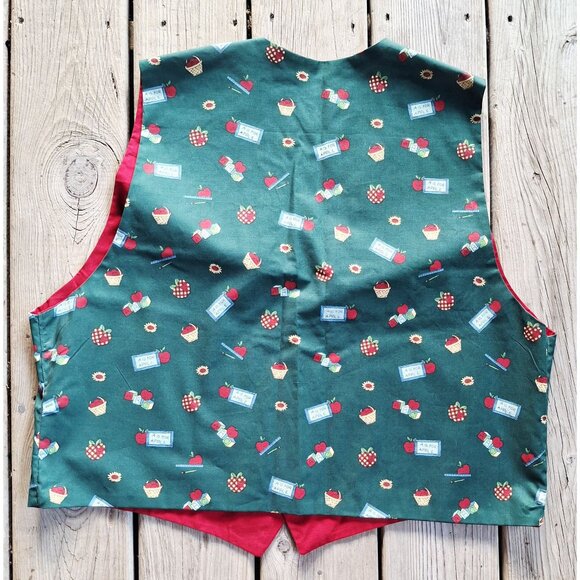 Vintage Green Vest With Apple Print & Red Lining Teacher Elementary Academia - Picture 2 of 3